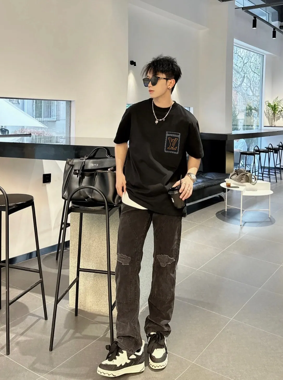 Louis Vuitton/Louis Vuitton 25ss line fake pocket embroidered short sleeves